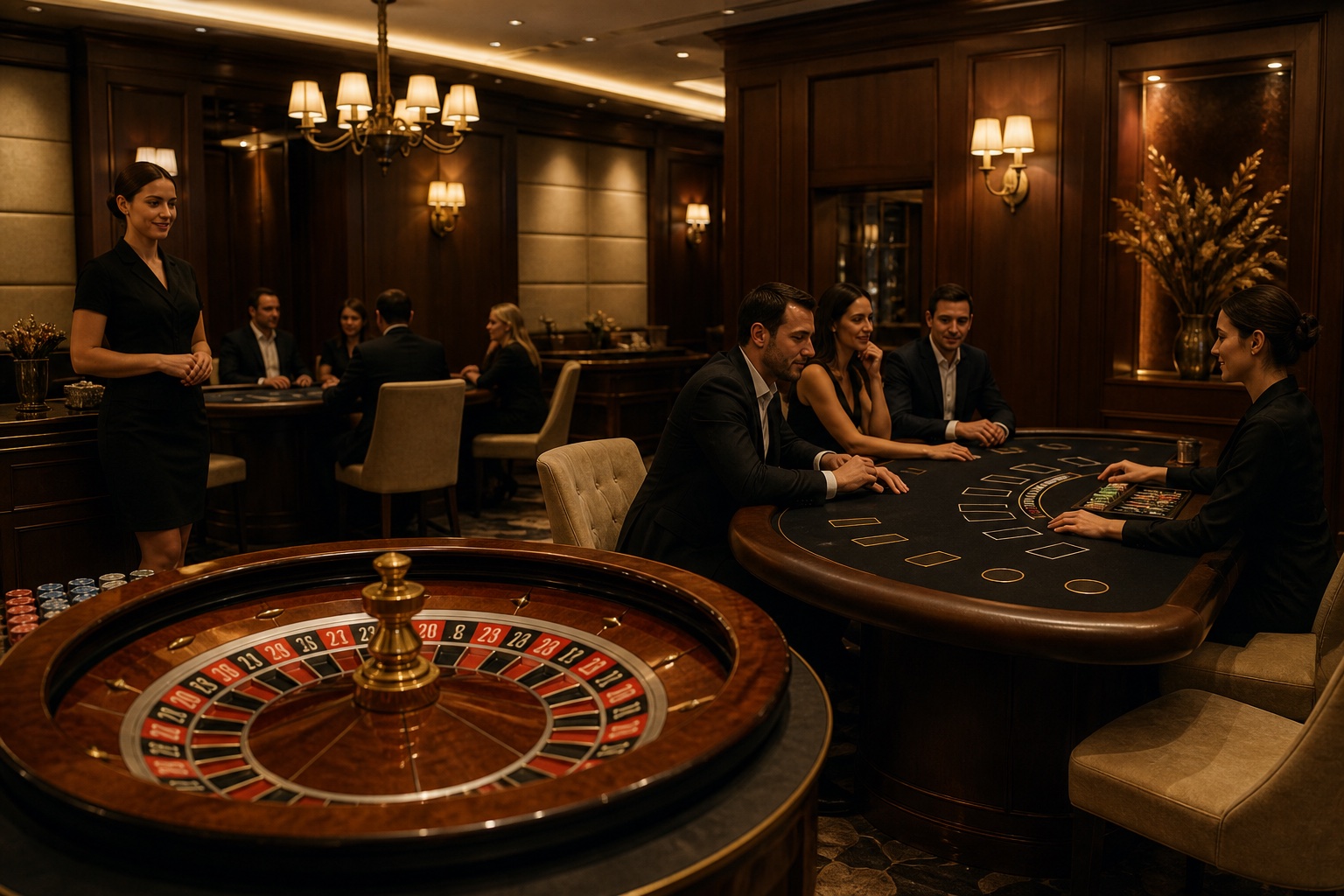 Elegancka fizyczna sala z ruletką i stołami do kart