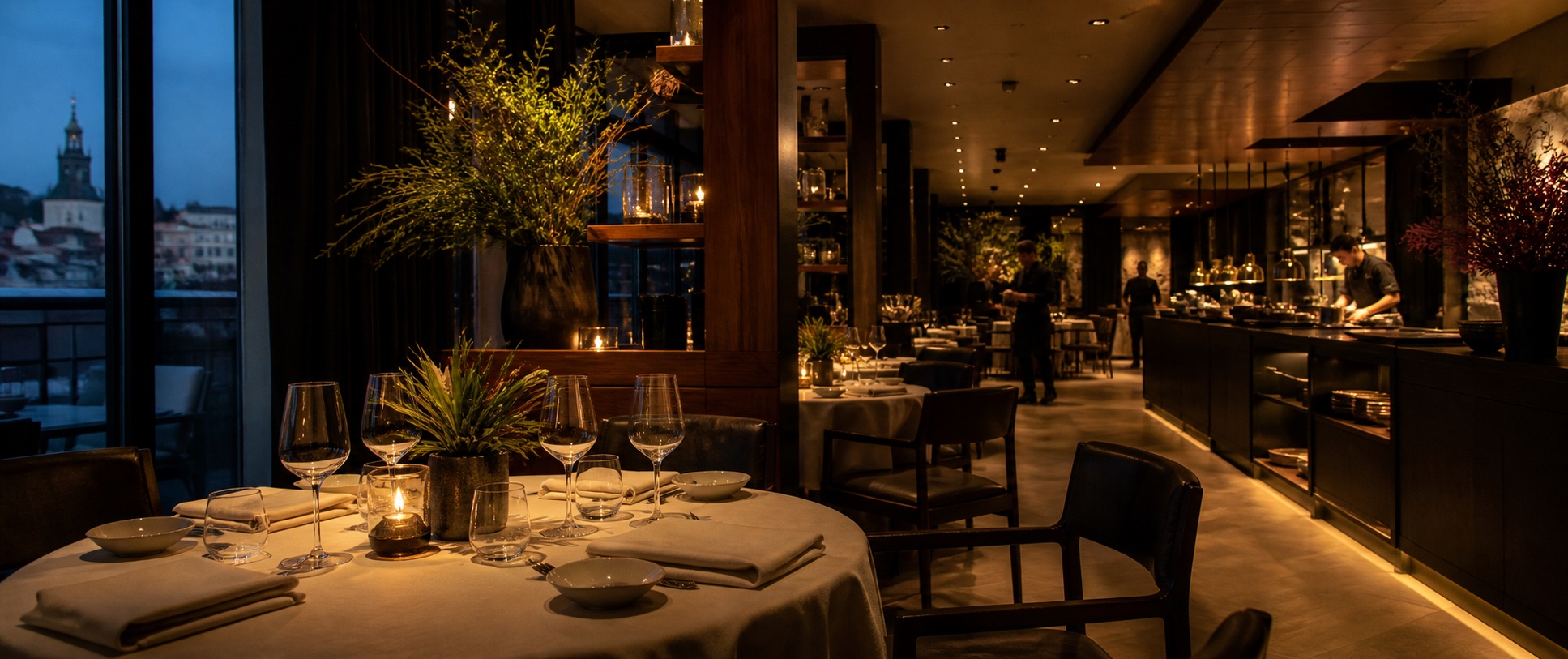 Wieczorne wnętrze restauracji Miodowy Kadr